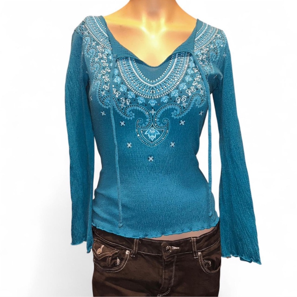 Teal Long Sleeve Embroidered Top